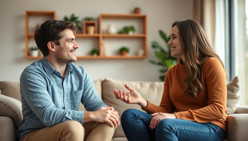 A couple having a healthy conversation, representing improved communication skills