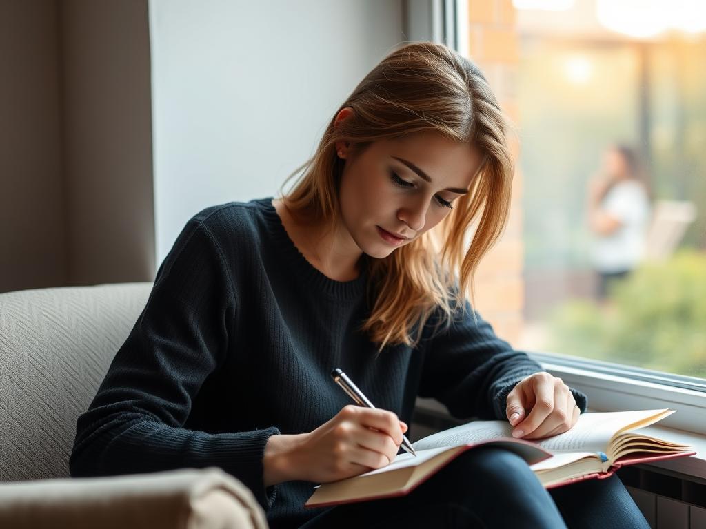 A person reflecting while writing in a journal, representing self-assessment of attachment style