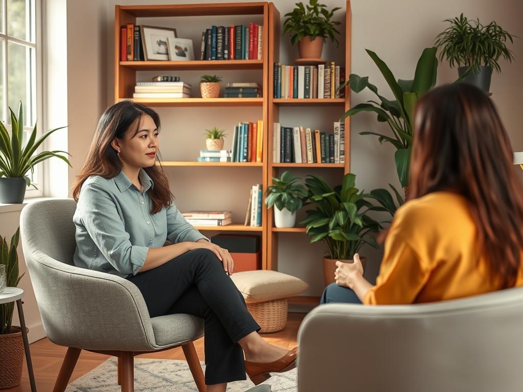 A therapist in conversation with a client, representing professional help for anxious attachment