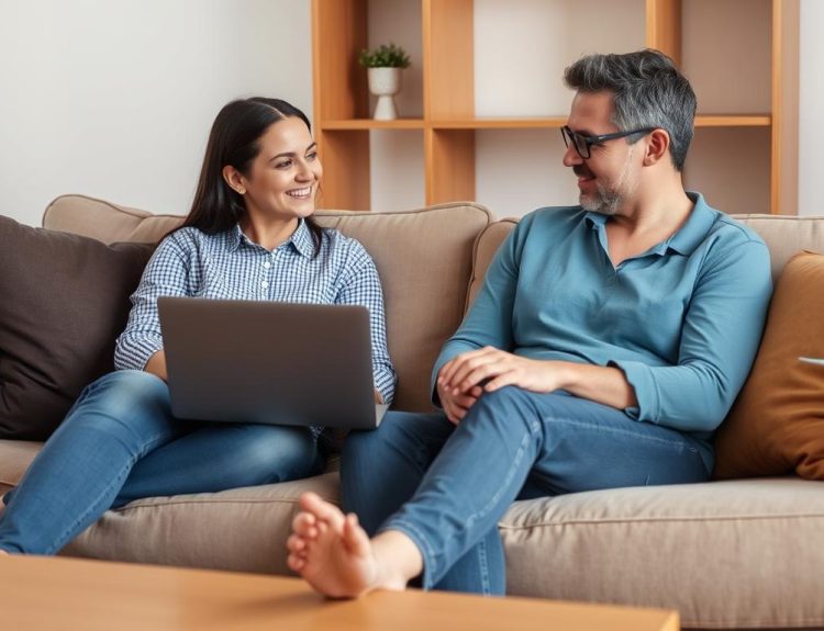 Couple engaging in online therapy session with a therapist on computer screen