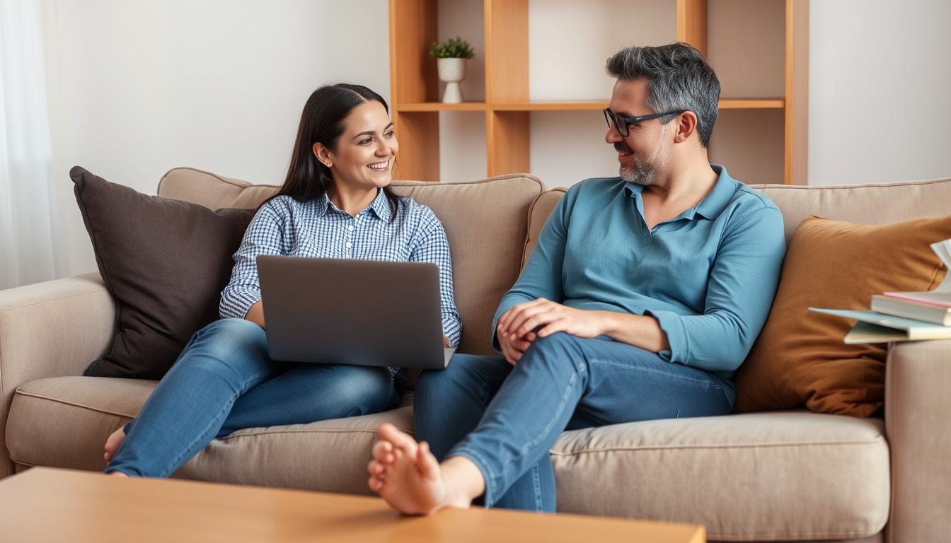 Couple engaging in online therapy session with a therapist on computer screen