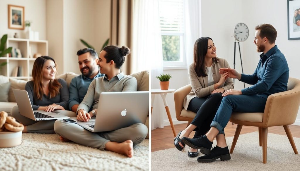 Split screen comparing online and in-person therapy sessions