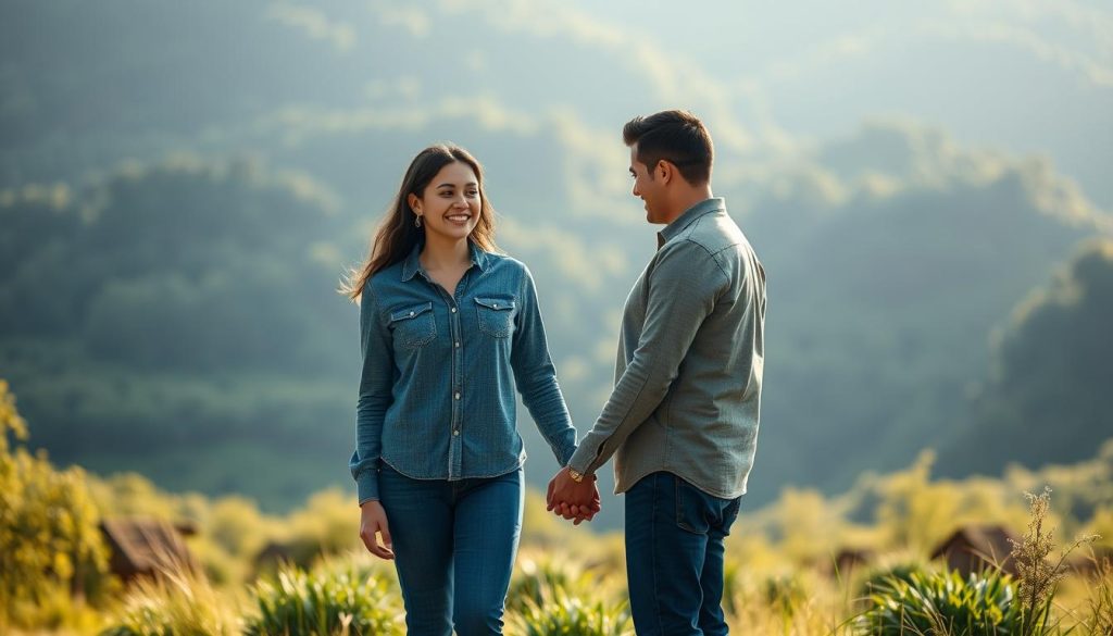 A harmonious and complementary couple standing side by side, radiating warmth and understanding. In the foreground, their clasped hands symbolize trust and unity, while their expressions convey a sense of calm and contentment. The middle ground features a lush, verdant landscape, suggesting a nurturing and supportive environment. Soft, natural lighting bathes the scene, creating an atmosphere of tranquility and intimacy. The overall composition conveys the idea of a compatible partnership, where two individuals have found balance, support, and a shared vision for the future.