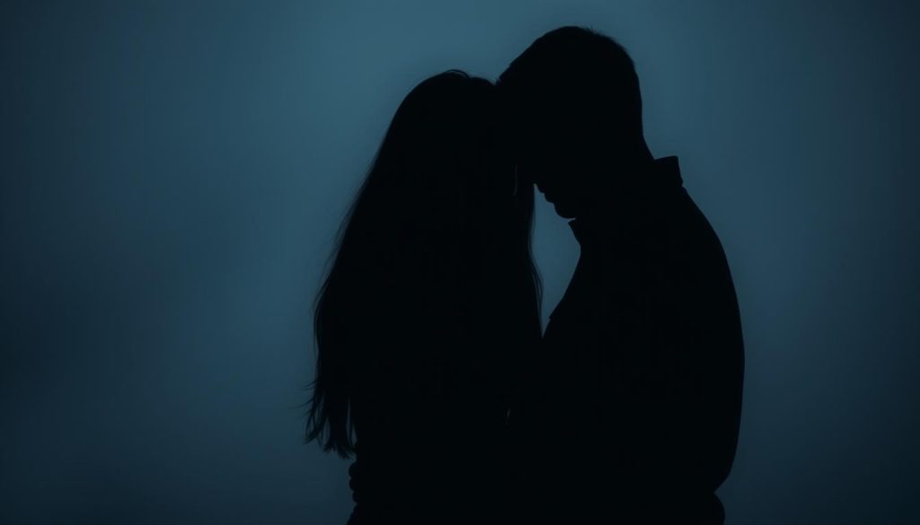 Uncertainty in love: A couple standing together, faces obscured by shadows, their bodies language conveying a sense of hesitation and unease. The background is hazy, with muted colors and a dimly lit atmosphere, evoking the emotional turmoil of the situation. The lighting is soft and moody, creating a sense of introspection and emotional vulnerability. The overall composition suggests a narrative of doubt and the struggle to find clarity within a relationship.