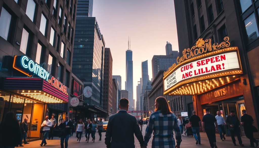 A bustling nightlife scene in the heart of Chicago's vibrant urban landscape. In the foreground, couples stroll hand-in-hand, taking in the neon-lit streets and lively energy of a local comedy club. Mid-ground, a historic theater marquee illuminates the facade, inviting passersby to explore its array of live music and entertainment. In the background, the iconic skyline of skyscrapers and architectural wonders create a stunning backdrop, bathed in a warm, golden glow from the setting sun. The mood is electric, with a sense of excitement and discovery, capturing the essence of Chicago's dynamic, non-dining date experiences.