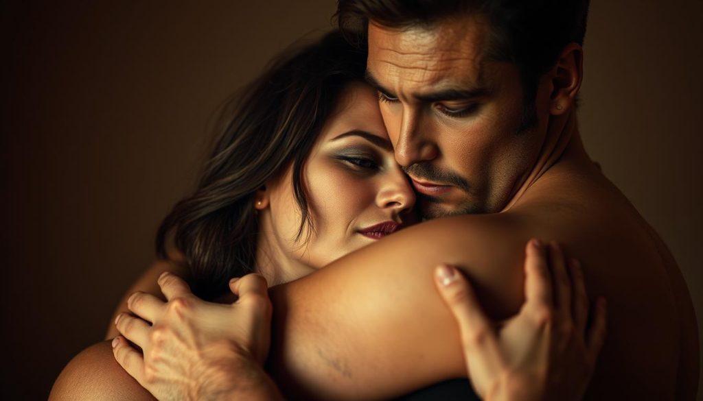 A couple embracing passionately, their bodies intertwined, yet the man's eyes show a glimmer of temptation, a conflicted gaze that betrays his wandering thoughts. The background blurs into muted tones, drawing the viewer's focus to the intimate yet strained connection between the two. Soft, warm lighting caresses their skin, creating a sensual, chiaroscuro effect that heightens the emotional tension. The scene captures the dichotomy between the power of love and the pull of behavior, leaving the viewer to ponder the complexities of the human heart.