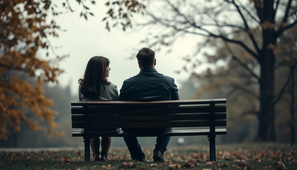 A couple sitting on a park bench, their body language tense and distant, as they gaze off in opposite directions. The background is a blur of autumn leaves and a grey, overcast sky, creating a melancholic atmosphere. The lighting is soft and muted, casting long shadows that symbolize the emotional distance between them. The composition emphasizes the divide, with the two figures occupying separate halves of the frame, as if to convey the disconnect and the inability to bridge the gap. The overall scene evokes a sense of longing, regret, and the realization that love alone is not always enough to prevent infidelity.