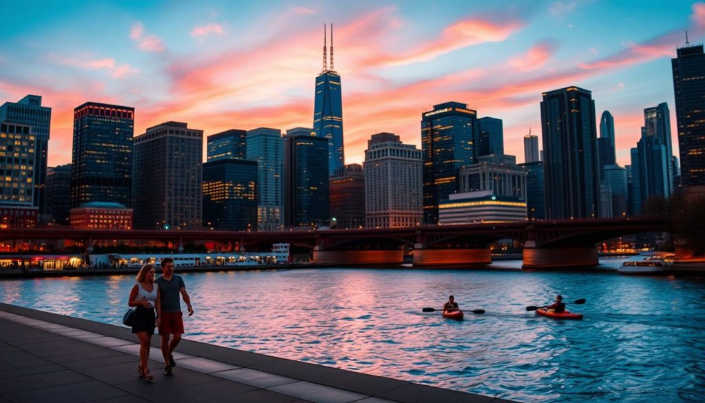A vibrant cityscape of Chicago's skyline at dusk, bathed in warm golden hues. In the foreground, a couple strolls hand-in-hand along the Chicago Riverwalk, taking in the breathtaking architecture and the twinkling lights of the city. In the middle ground, a pair of kayakers glide effortlessly down the river, while in the background, the iconic Willis Tower and other landmarks stand tall against a deep blue sky streaked with pink and orange clouds. The scene evokes a sense of romance, adventure, and the unique charm of experiencing Chicago beyond traditional dining.