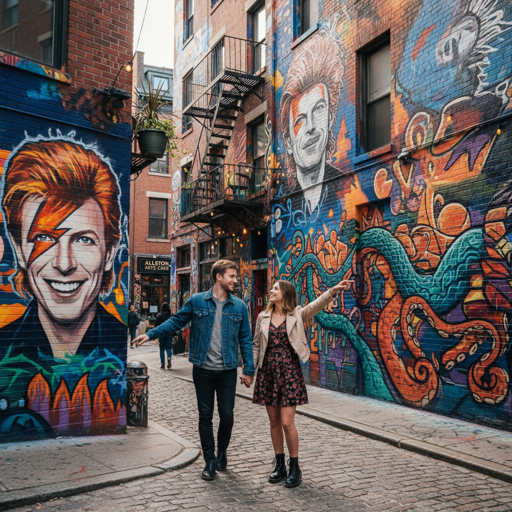 Couple exploring vibrant street art murals in Allston, a colorful hidden gem date location in Boston.