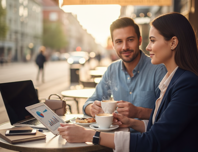 Professional woman on a coffee date with her partner, balancing work and personal life.