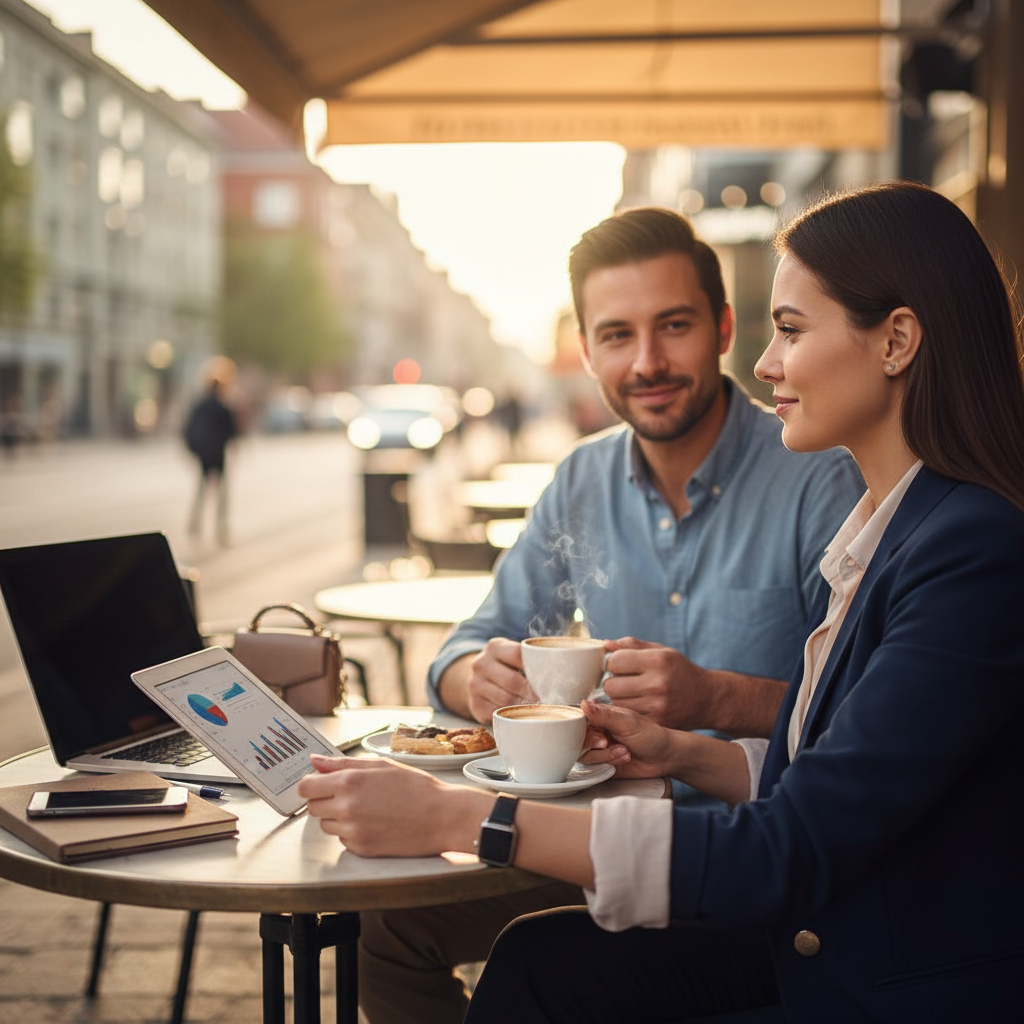 Professional woman on a coffee date with her partner, balancing work and personal life.