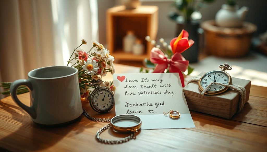 A thoughtfully curated assortment of meaningful gifts rests on a warm, wooden surface, bathed in soft, natural lighting. In the foreground, a handcrafted ceramic mug, a vintage pocket watch, and a bouquet of freshly picked flowers create a tactile, intimate display. The middle ground features a handwritten card and a delicate piece of jewelry, conveying heartfelt sentiment. In the background, a cozy, minimalist setting with hints of greenery and understated decor, evoking a sense of tranquility and mindfulness. The overall composition exudes a sense of care, consideration, and the profound impact that thoughtful, personal gifts can have on Valentine's Day.