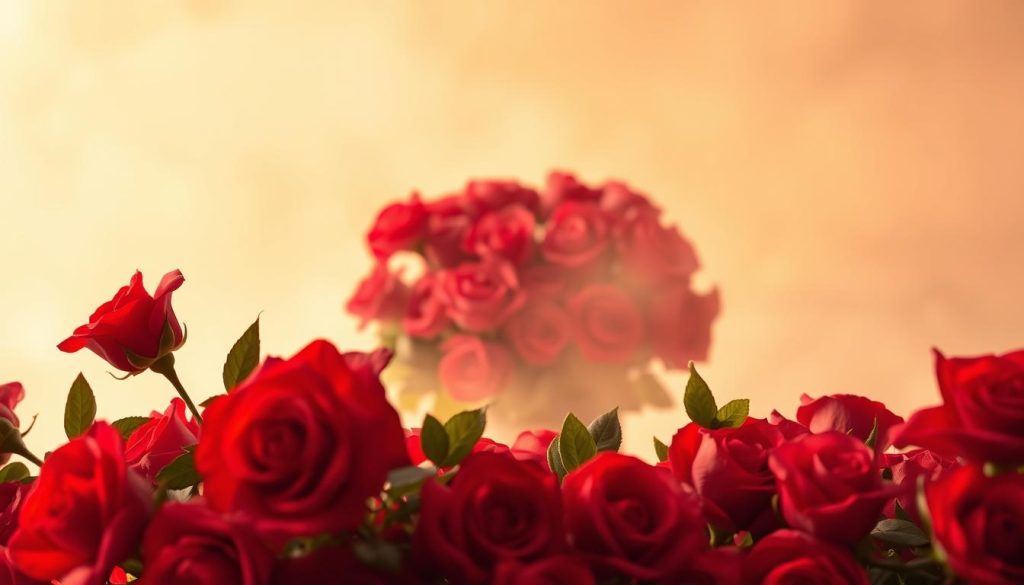 Lush, vibrant red roses against a soft, romantic backdrop. Delicate petals cascade in the foreground, their velvety texture beckoning to be touched. Mid-ground features a bountiful bouquet, its abundant blooms radiating warmth and affection. The background is hazy, a dreamlike setting evoking an atmosphere of timeless elegance. Gentle, golden lighting casts a warm glow, imbuing the scene with a sense of timelessness. Composition is balanced, drawing the eye towards the captivating floral centerpiece. This classic, iconic image embodies the essence of enduring romance and the enduring allure of traditional Valentine's Day gifts.